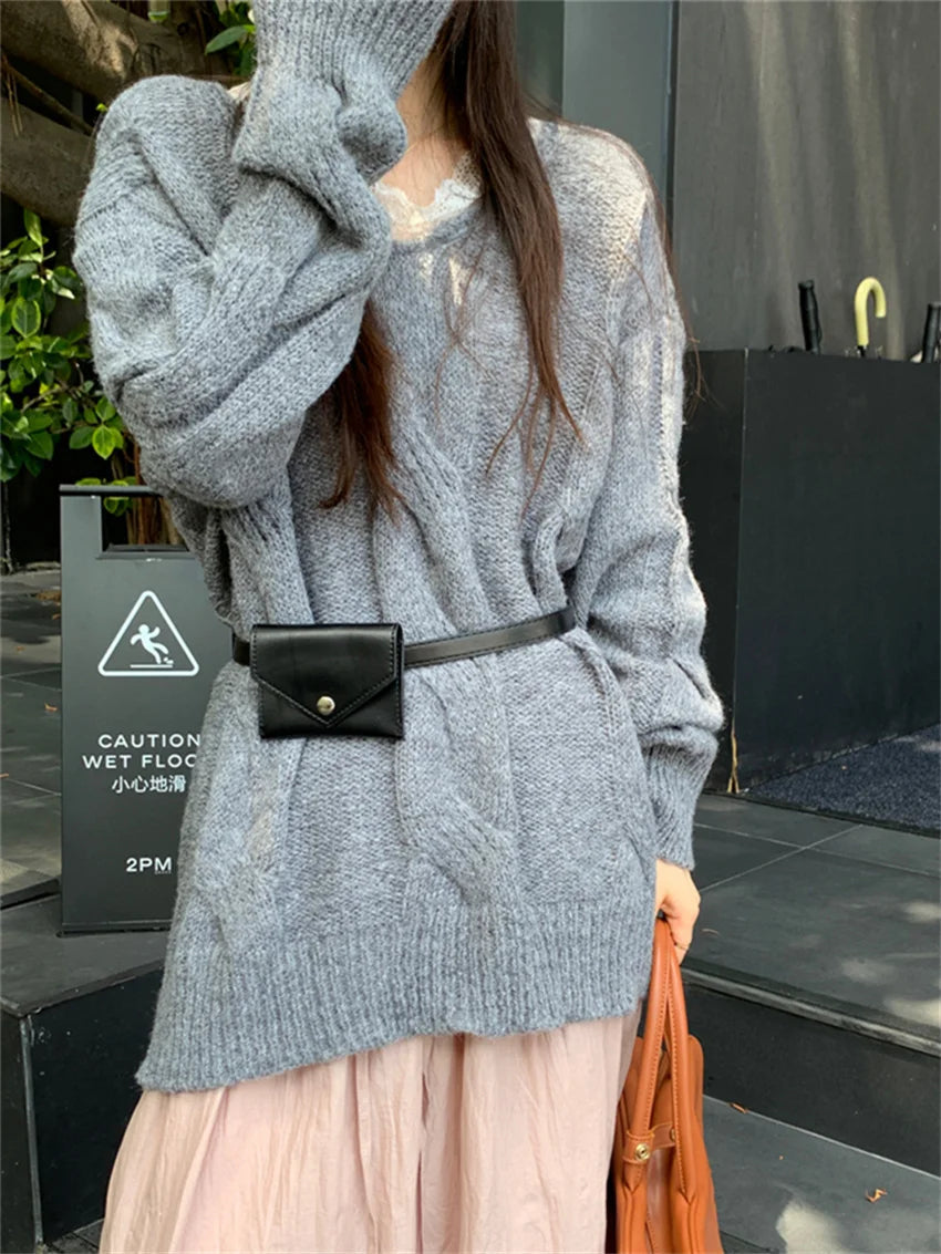 Grey Midlength Sweaters Retro Knitted Lace Patchwork Slim New Autumn Sweet Gentle Pullovers