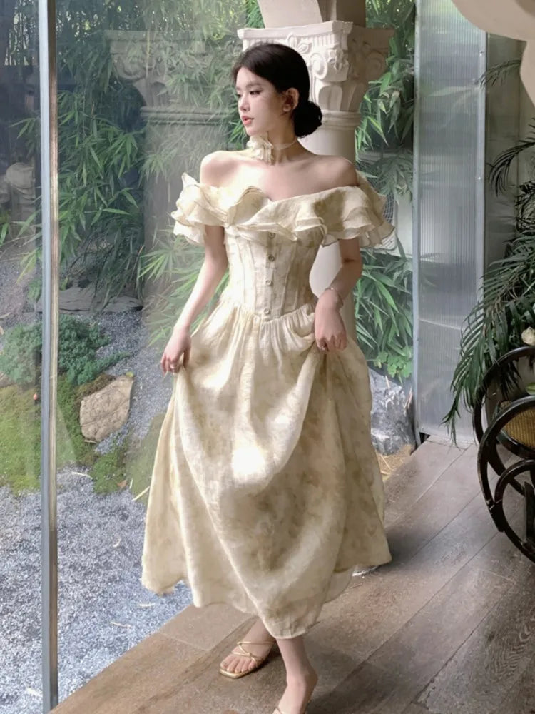 France Slim Ruffles Midi Dresses Summer Princess Evening Party Prom Dress Off Shoulder Aline Vastidos