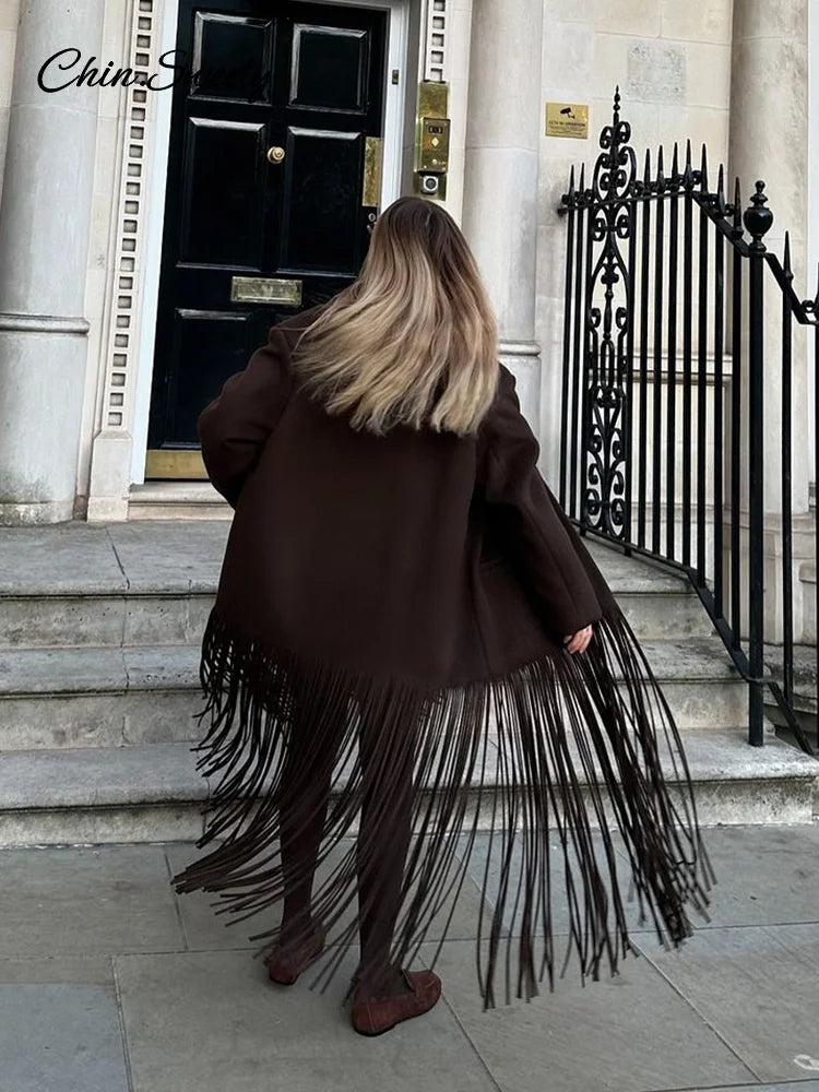 Woolen Tassel Long Coat Brown Single Breasted Long Sleeve Lapel Loose Jacket Spring High Street Outerwear