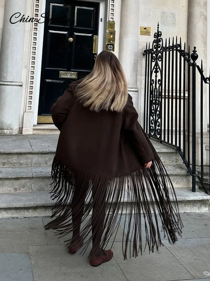 Woolen Tassel Long Coat Brown Single Breasted Long Sleeve Lapel Loose Jacket Spring High Street Outerwear