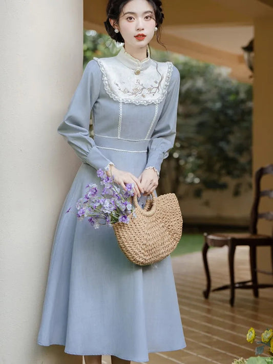 Midi Dresses Woman Autumn Retro French Style Embroidery Lantern Sleeve Slim Evening Party Robe Vestido