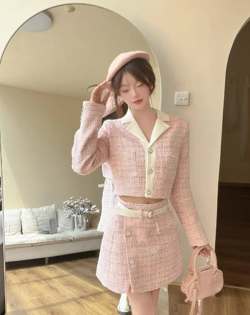 Sweet Hot Girl Suit Autumn Longsleeved Tweed Short Coat High Waist Aline Skirt Twopiece Set Female Clothes