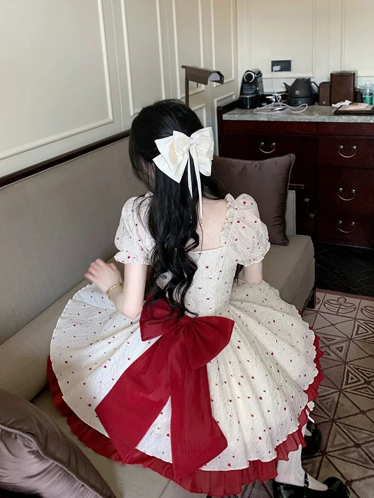 Summer New Sweet Mini Dresse French Square Collar Princess Bow Short Sleeve Dress Party Dresses Vestidos