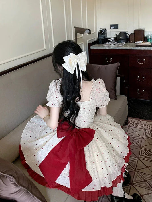 Summer New Sweet Mini Dresse French Square Collar Princess Bow Short Sleeve Dress Party Dresses Vestidos