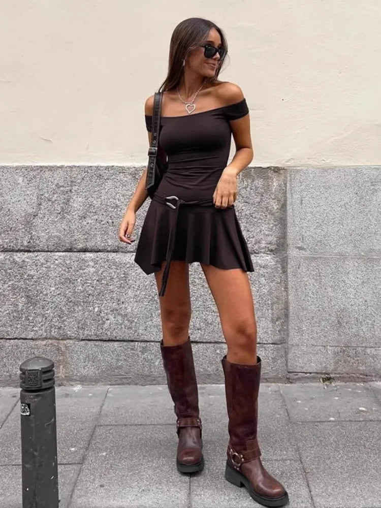European and American Style Off the Shoulder Dress, Summer Elastic One Line Neck Slim Fitting Lace Up Pleated Skirt
