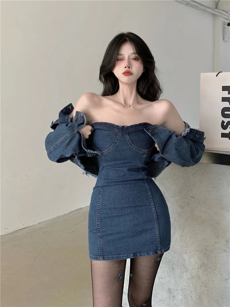 V High Street Denim Suit Spring New Short Coat Jacket Suspenders Tube Top Dress Korean Twopiece Set