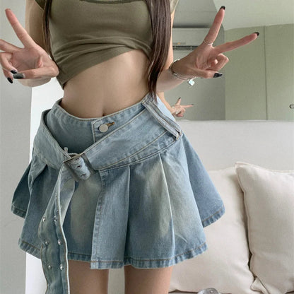 Denim Skirt Summer Korean High Waist Slim Fit Skirt Y2k Belt Split Pleated Short Skirt
