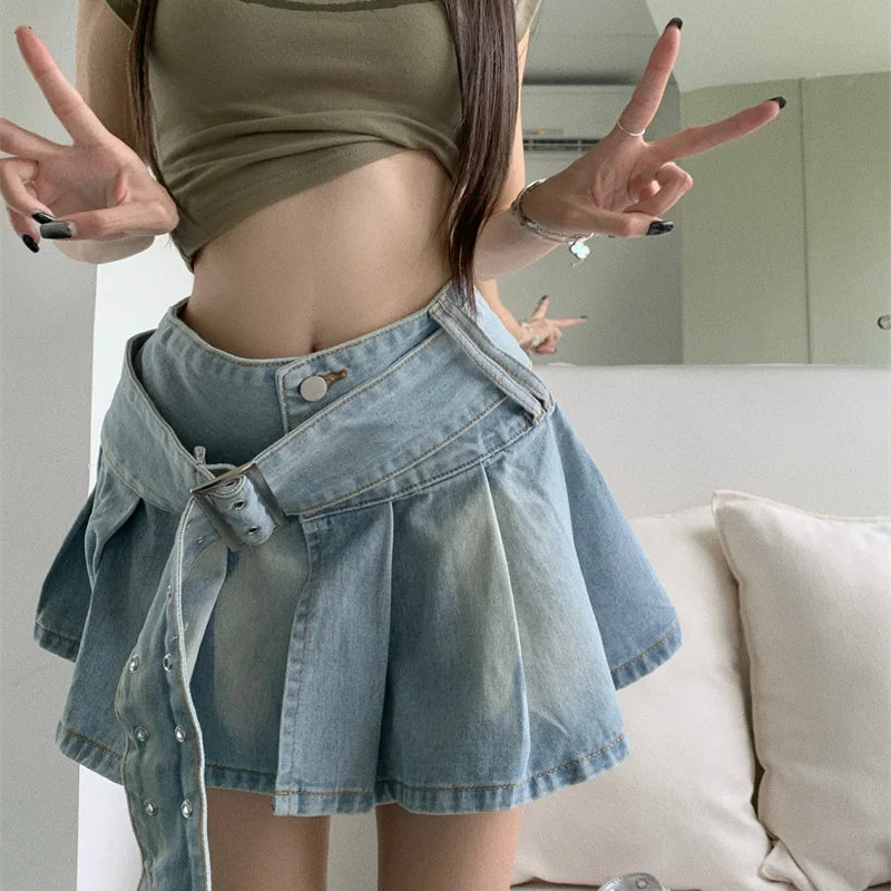 Denim Skirt Summer Korean High Waist Slim Fit Skirt Y2k Belt Split Pleated Short Skirt