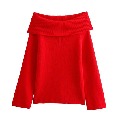 Offshoulder Knit Sweater Pullover for Slim High Street Loose Patchwork Camisola Knitwear Top