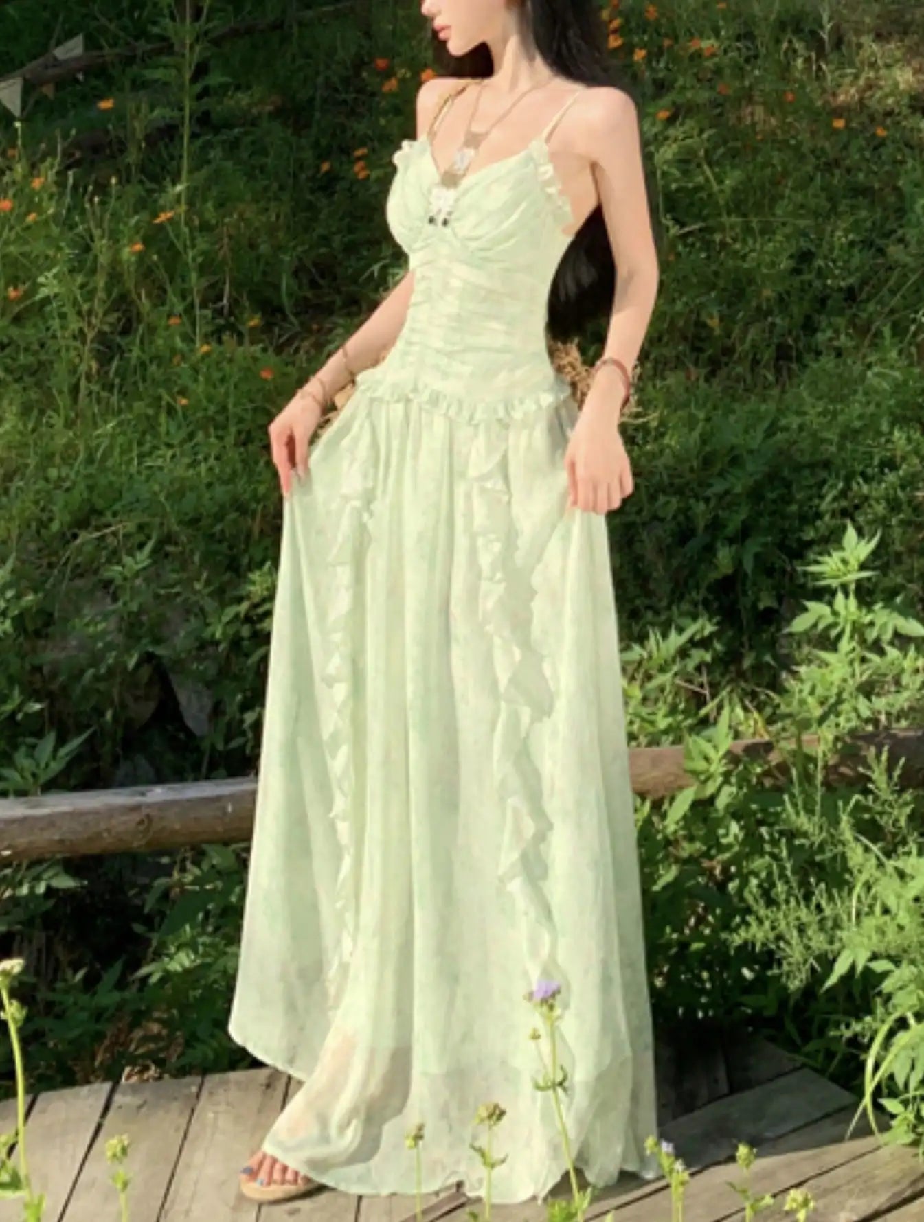 Green Ruffles Sleeveless Bodycon Vneck Summer Holiday Vacation Long Dresses Printed Party Dress Vestidos