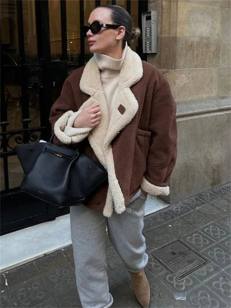 Winter Loose Overcoat for Lapel Pocket Jacket Coat Commute Contrast Outwear