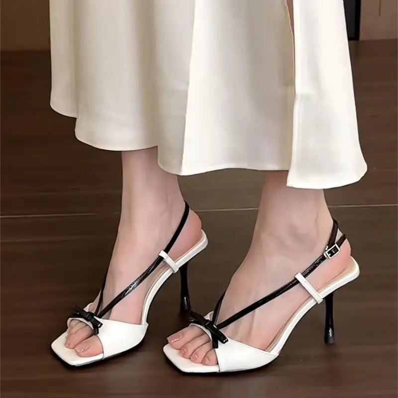 Shallow Bow Sandals Open Toe Strappy Stiletto Heels Summer Daily Classic Dress Party Shoes Hollow Rubber Shoes