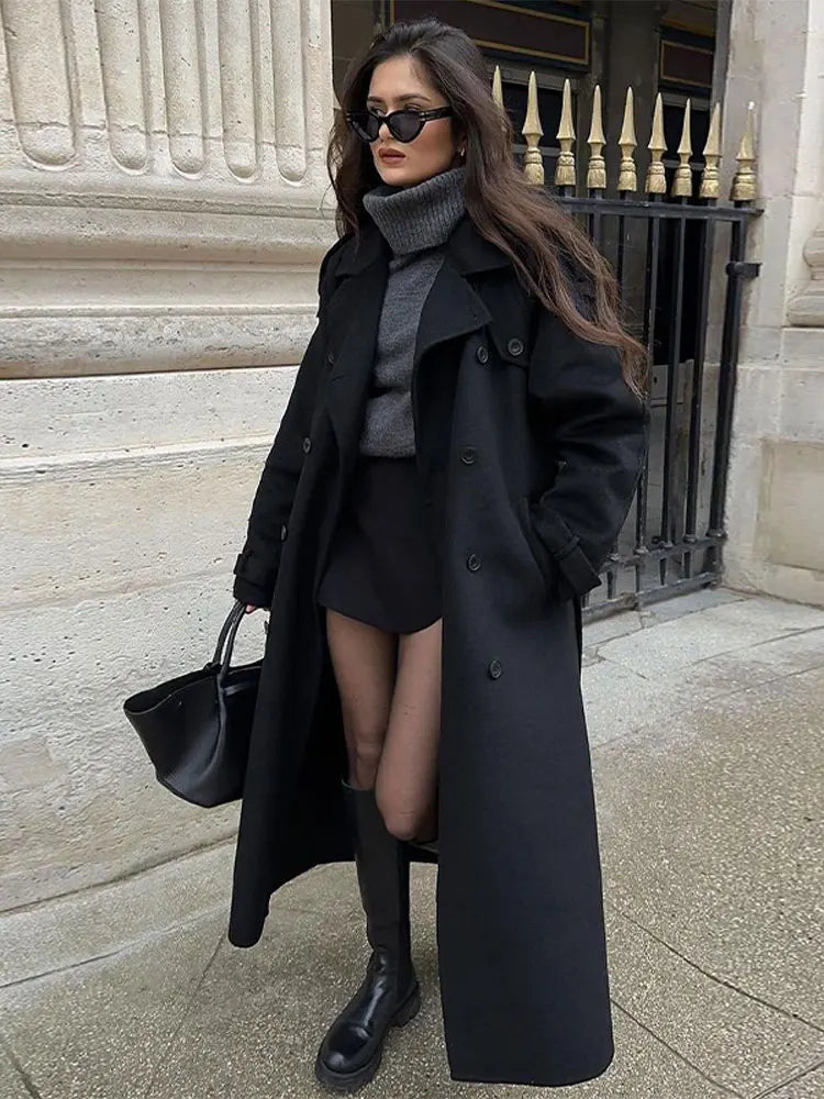 Double Breasted Woolen Overcoat Lapel Long Sleeve Jacket With Belt Female New Commute Outerwear