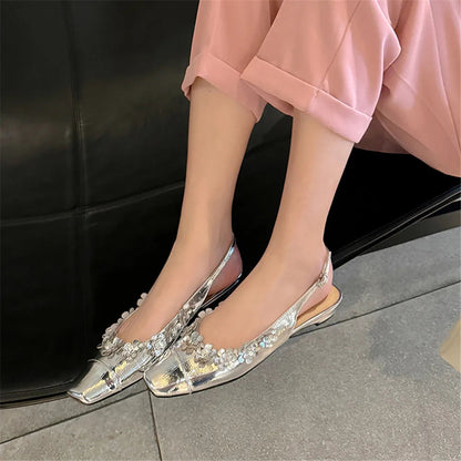 New Genuine Leather Pumps Flowers Decoration Party Wedding Shoes Woman Slingbacks Summer Sandals Pumps