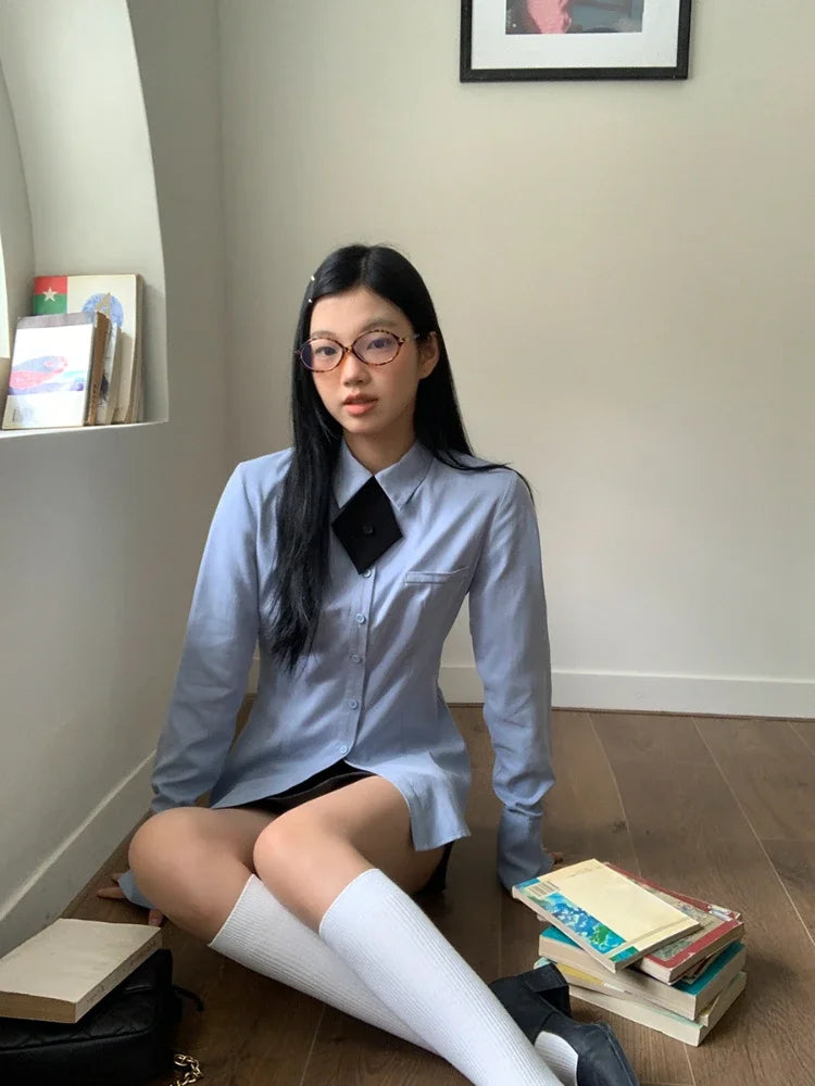 Harajuku Blue Shirts for Slim Button Up Blouse With Tie Spring Summer Preppy Style Long Sleeve Uniform Clothes New