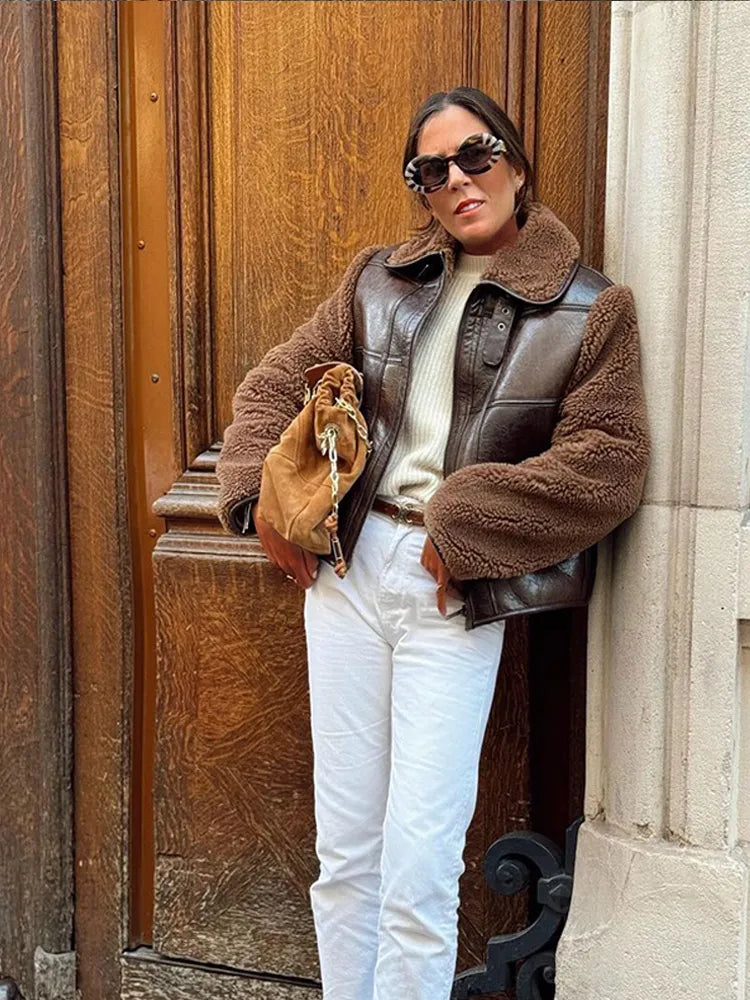 Zipper Patchwork Lamb Wool Leather Coats for Oversized Lapel Warm Jackets Lady High Street Outerwears