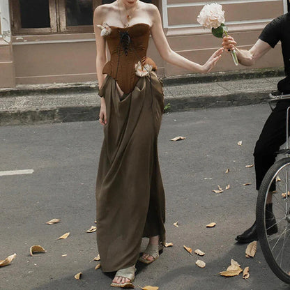 Butterfly Detail Strapless Long Dress Aesthetic Detachable Corset Top Maxi Dresses