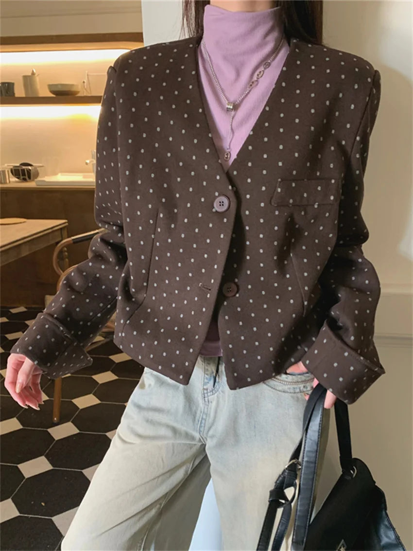 Office Lady Coats New Woolen Autumn Polka Dots Slim High Street Work Wear Vneck