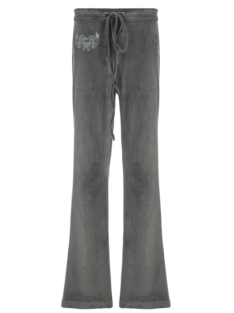 American Retro Y2k Low Waisted Velvet Flared Pants Drawstring Tie Waist Heart Rhinestone Trousers