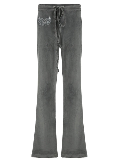 American Retro Y2k Low Waisted Velvet Flared Pants Drawstring Tie Waist Heart Rhinestone Trousers