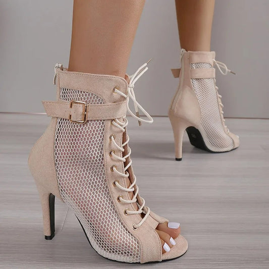New Show Net Fabric Cross Strap High Heel Sandals Woman Shoes Pumps Laceup Peep Toe Sandals Mesh