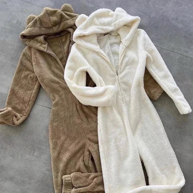 Fall Winter Long Sleeve Soft Fleece Jumpsuits Hear Hooded Zipper Playsuits Warm Sleepwear Romper