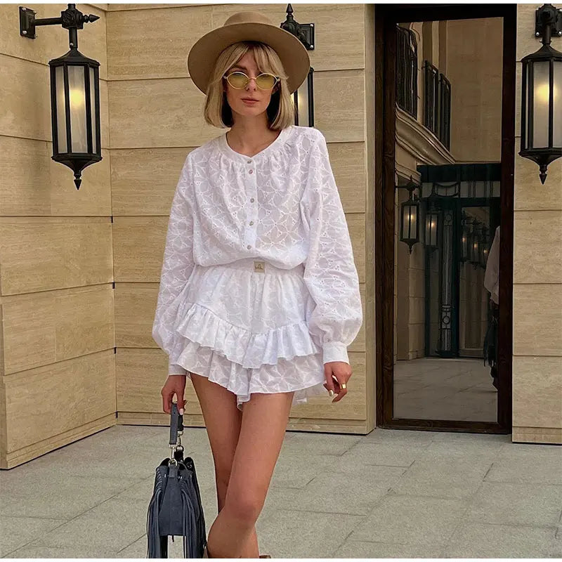 Long Sleeved Shirt Shorts Sets Summer Stand Collar Single Breasted White Blouse Suits Vacation 2 Pieces Set Outfit