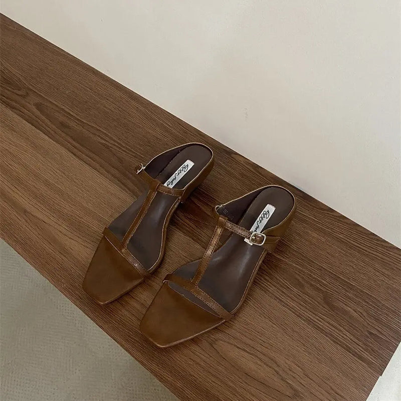 Summer Slipper Square Heels Sandals Square Toe Party Wedding Shoes Slip on Beach Slides Mujer