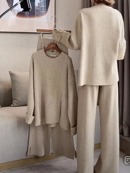 ’s Knitted 2-piece Set Tracksuit Autumn Winter O-neck Pullover Sweater Wide Leg Pants Harajuku Warm Suit New