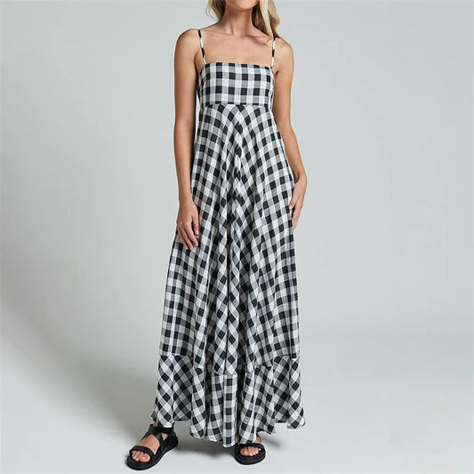 Summer Long Dresses Plaid Print Spaghetti Strap Sleeveless a Line Dresss Vacation Party Dresses Beachwear