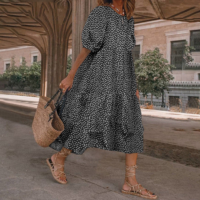 Summer New ’s Print Dress Puff Short Sleeves Ruffles Loose A-line Midi Dresses Beach Vacation Vestidos