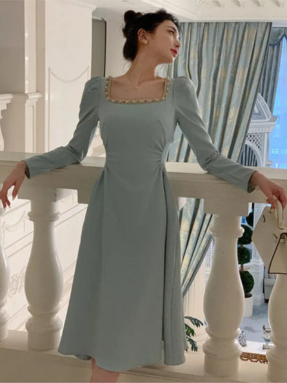 Autumn Red Midi Dresses for Long Sleeve Diamonds Square Collar Slim Waist Aline Party Dress Female Clothing New