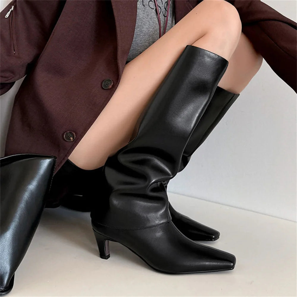 Ins Knee High Boots for Genuine Leather High Heels Winter Shoes Office Lady Long Booties