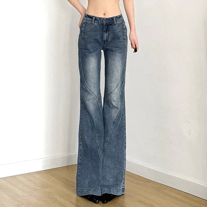 Y2k Low Waisted Washed Flare Jeans Korean Blue Slim Fit Denim Pants Lady Boot Cut Trousers