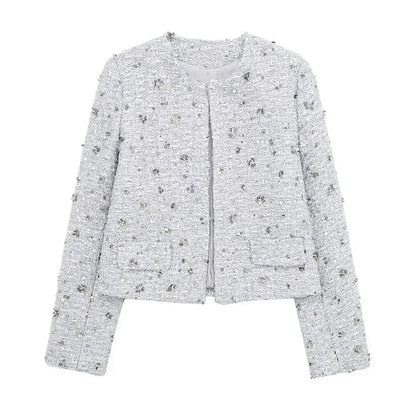 Spring Woman Silver Sequins Jacket Oneck Long Sleeves Cropped Coats Female Open Front Outerwear