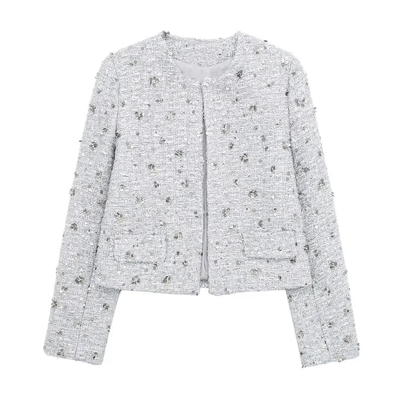 Spring Woman Silver Sequins Jacket Oneck Long Sleeves Cropped Coats Female Open Front Outerwear