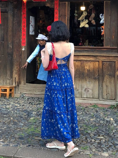 Bule French Lace Party Dress Sweet Backless Midi Dress Summer Korean Sleeveless Dress