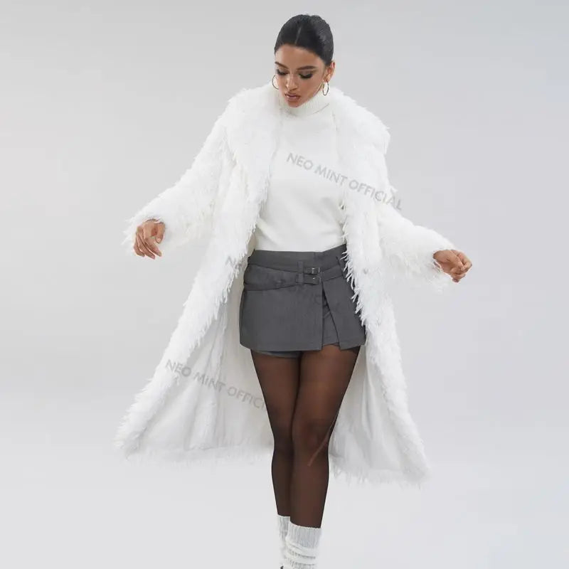 High Street Feathers Eco Fur Coat Winter Lapel Faux Fox Fur Jacket Long Fluffy Fur Overcoat Female