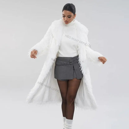 High Street Feathers Eco Fur Coat Winter Lapel Faux Fox Fur Jacket Long Fluffy Fur Overcoat Female
