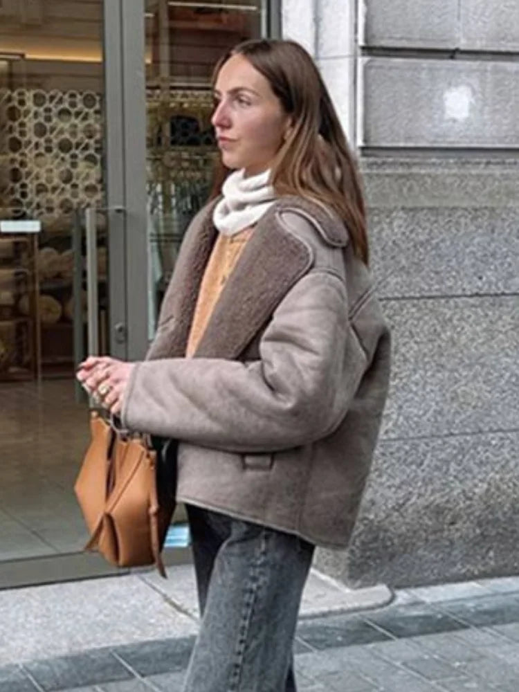 Lapel Lamb Wool Splicing Suede Jacket Single Breasted Long Sleeve Thicken Warm Coat Lady