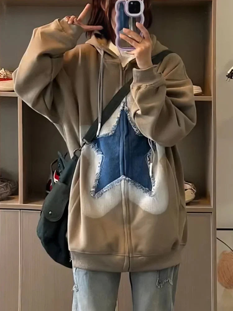 Y2k Zip Up Hoodie Sweet Star Graphics Sweatshirts Red Oversized Sport Coat Grunge Female Harajuku Clothes