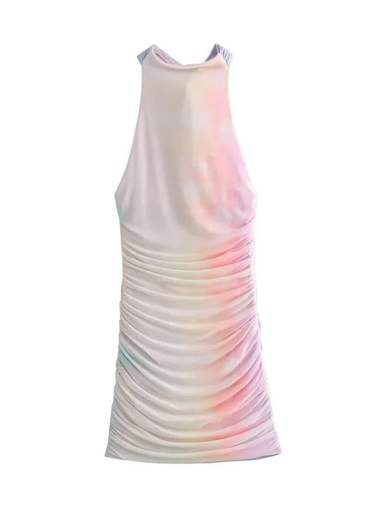 Woman Summer Tulle Gradient Halter Mini Dress Ruched Backless Slim Dresses Female Sleeveless Short Dress