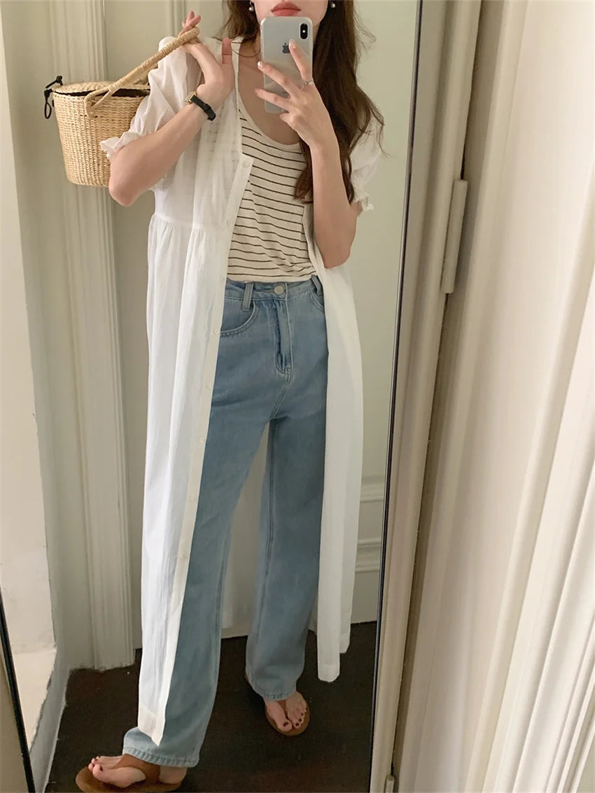 White Summer Slim Long Dress Sweet Short Puff Sleeve Mujer Ol All Match Daily