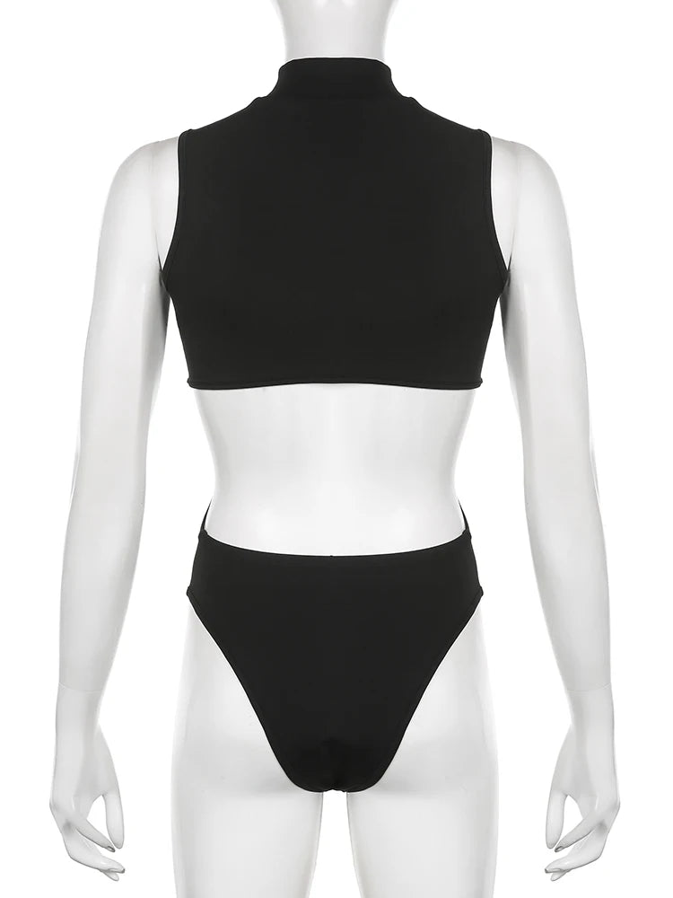 Hollow Out Bodysuit Rave Clubwear Sleeveless Backless Black Skinny Rompers Female Night Out Bodysuits Outfits