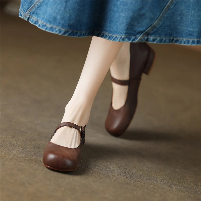 Round Toe Pumps Low Heels Genuine Leather Office Working Shoes Woman Spring Summer Retro Style