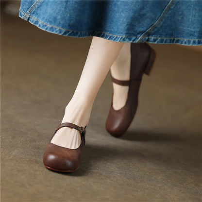 Round Toe Pumps Low Heels Genuine Leather Office Working Shoes Woman Spring Summer Retro Style
