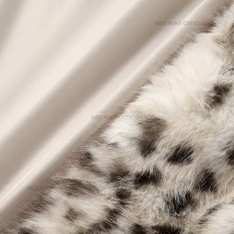 Winter Brown Leopard Fluffy Faux Fur Coat Stand Fur Collar Fox Fur Outerwear Jacket Female Overcoats