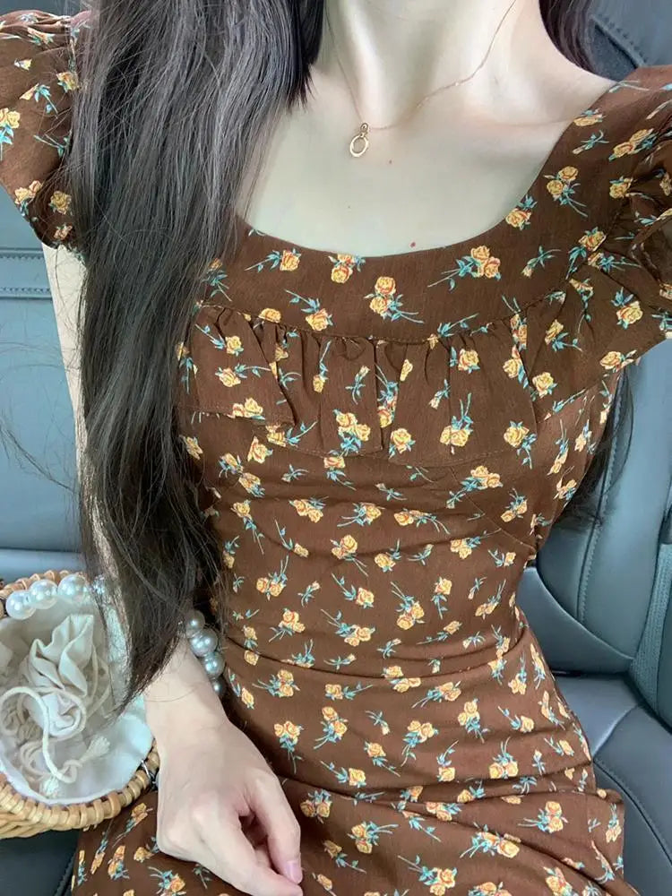 Flying Sleeve Dresses Print Ruffles Sweet Spring Summer Long Dress French Style Vestidos Mujer