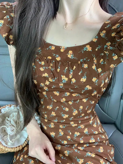 Flying Sleeve Dresses Print Ruffles Sweet Spring Summer Long Dress French Style Vestidos Mujer