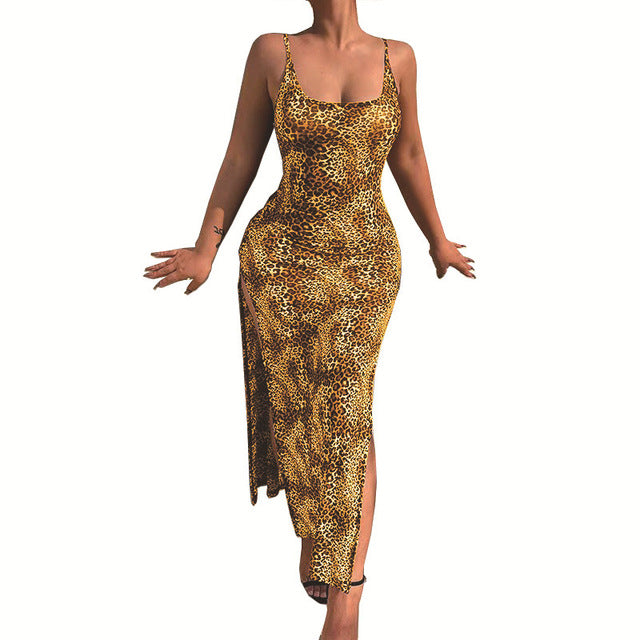 Leopard Print Slim Long Dresses Low Cut Backless Package Hip Bodycon Slit Dress Female Summer New